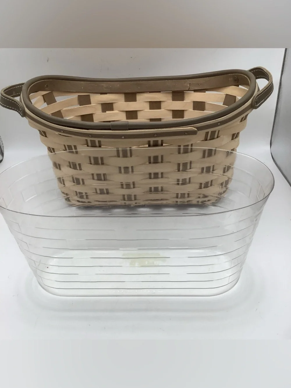 Longaberger Tan and Brown Woven Bicycle Basket with Leather Handles and Liner - Picture 7 of 10